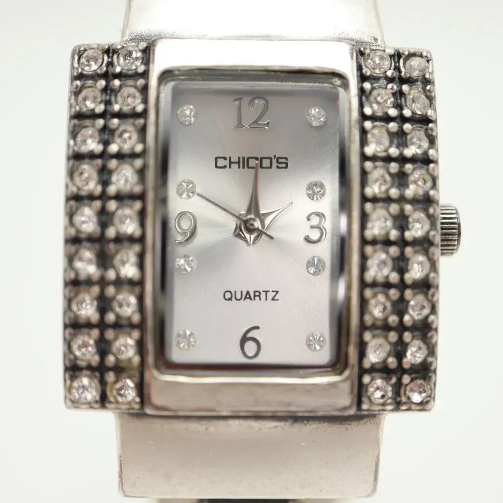 Chico's Silver Tone 24mm Square Jewel Cuff Womens Watch Metal w New Battery